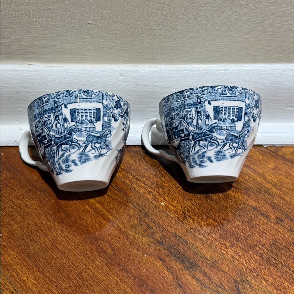 Vintage Johnson Brothers “Coaching Scenes” Blue and White Tea Cups, Set of 2